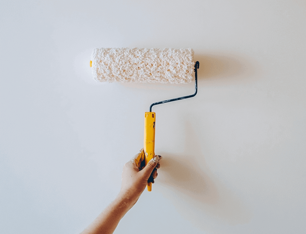 A person applying primer to a wallpaper