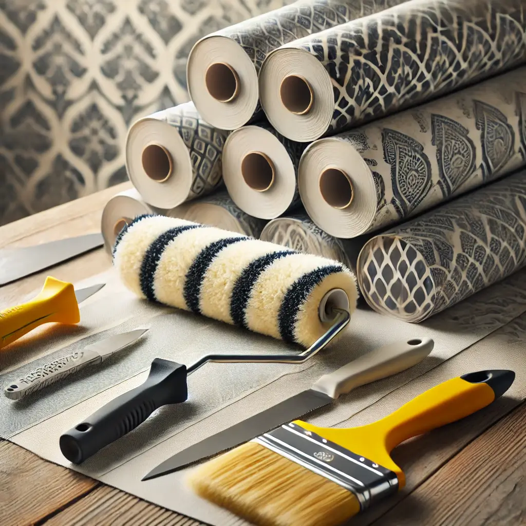 Wallpapering unit with stacked rolls and the most important tools - roll, brush, smoothing tool and utility knife - on a wooden surface.