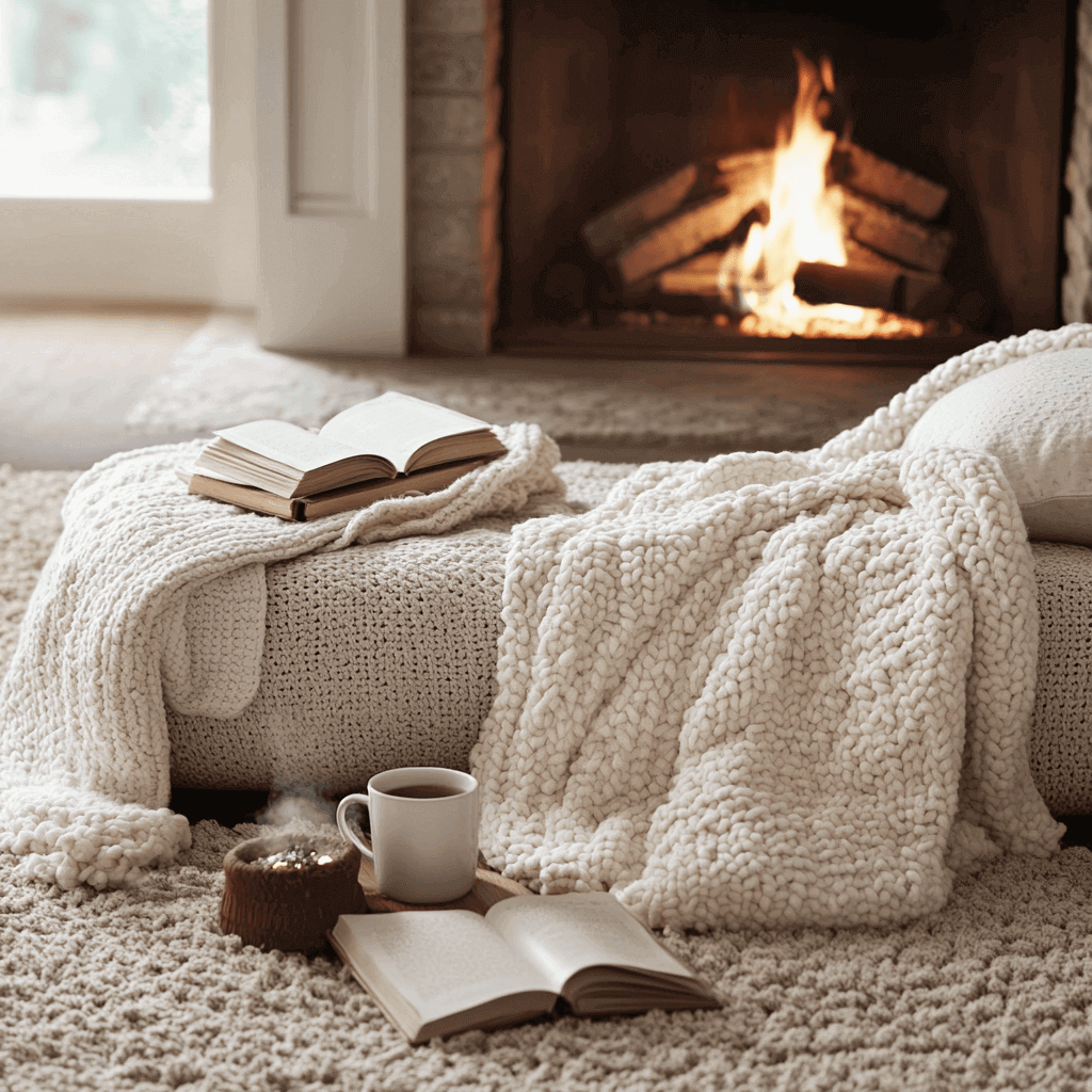 A cosy scene by the fireplace with books on the carpet. The fire creates an inviting atmosphere
