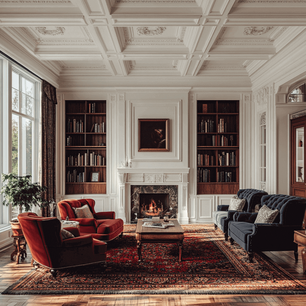 Large traditional parlour with white coffered ceiling, red armchairs and blue tufa sofas