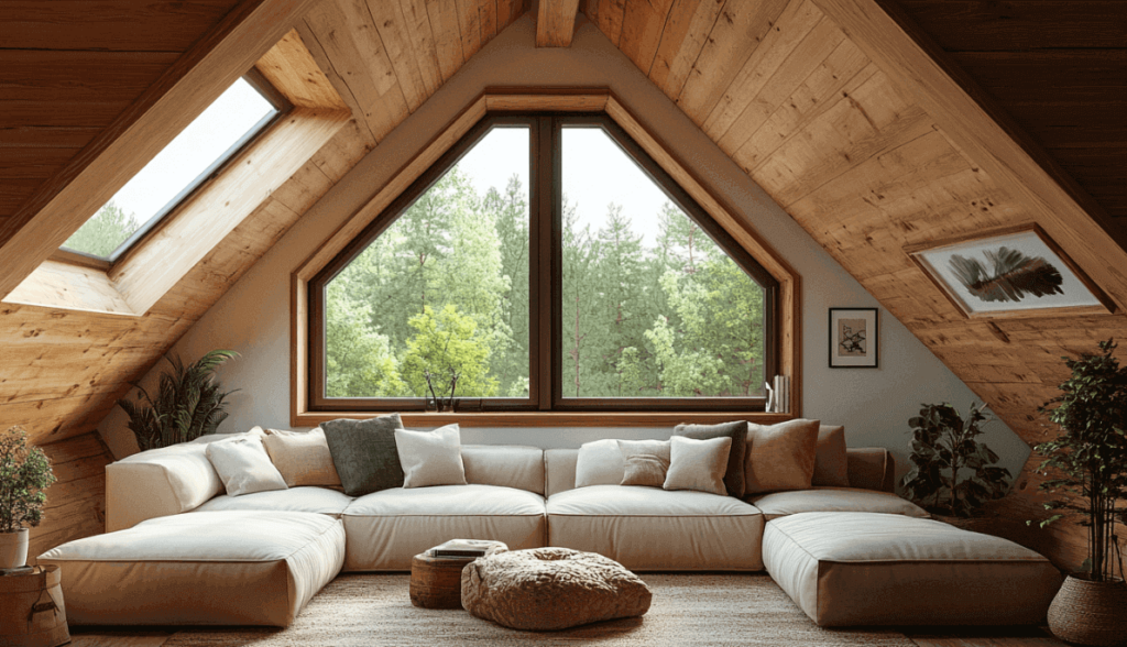 A cozy attic living room with a cream sectional sofa, wooden beams, large windows, and potted plants, bathed in natural light.