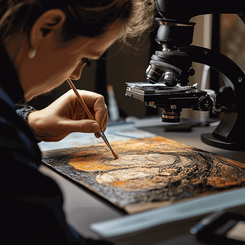 An art restorer carefully restores a textured painting with a fine brush under a microscope, placing great emphasis on precision and attention to detail