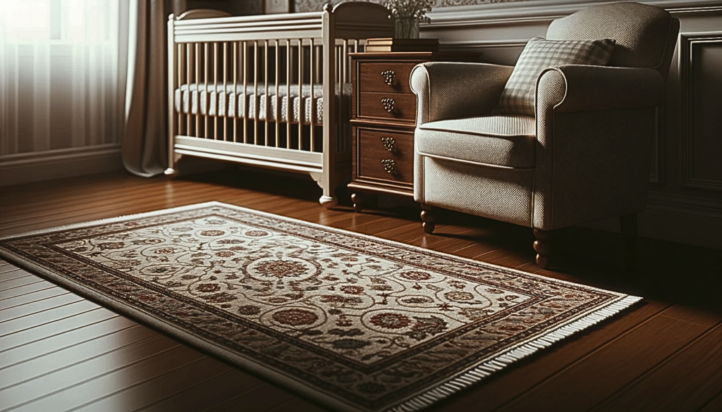 A picture of a classic children's room with a rectangular carpet