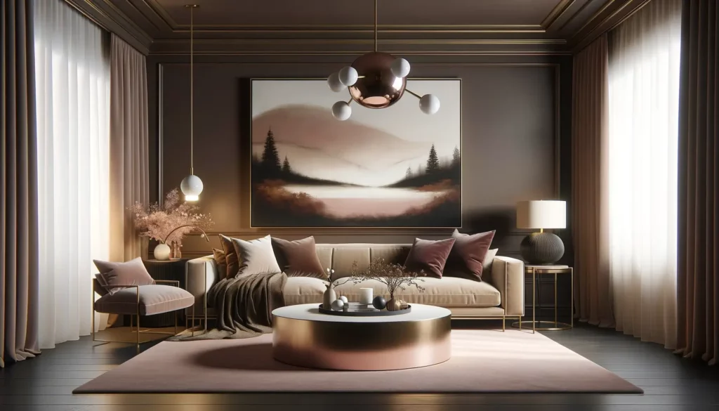 Living-room-landscape-with-romantic-colour-palette-of-dark-chocolate-brown-and-rose-gold