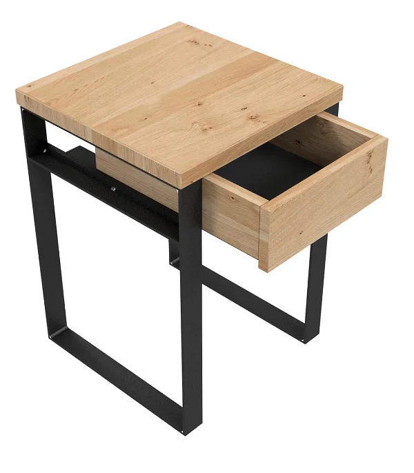 A black and wooden motif side table with drawer in white background.