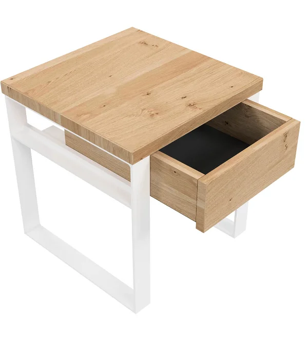 A wooden side table with drawer in white background.