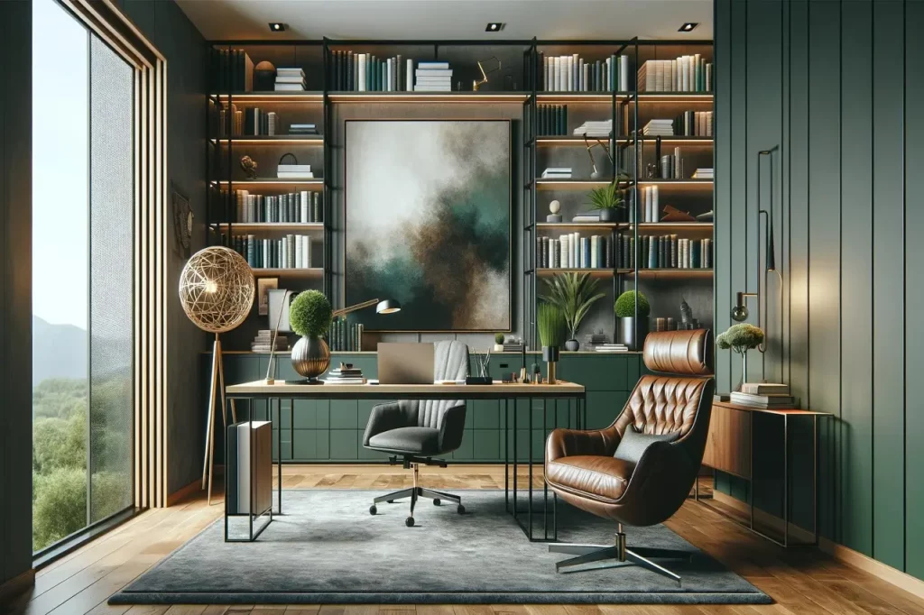 green-and-metallic-colour-palette-in-an-office-space-with-natural-light-and-lamps-to-warm-the-space