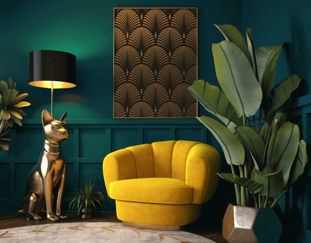 Déclaration chaise de couleur jaune avec une image de figure d'or chien