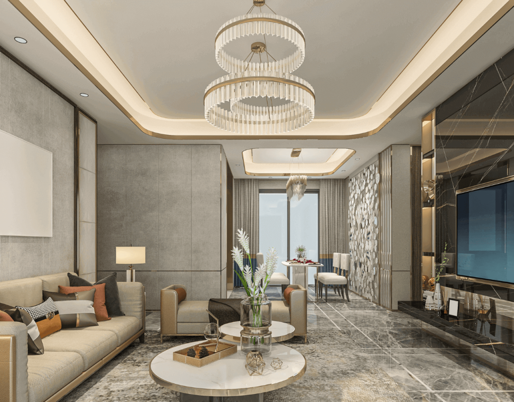 Photo d'un salon avec un lustre, des housses de coussin en cuir et un fond mural décoratif.