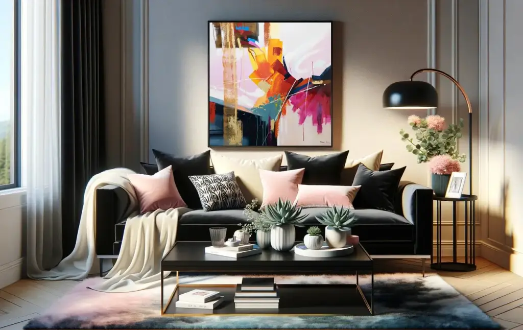 image-of-a-stylish-and-vibrant-living-room-scene-with-black-sofa-coffee-table-plants-and-a-80x80-abstract-painting