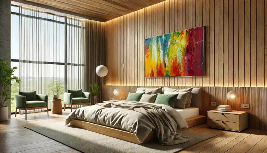 Living room with green sofa and yellow grey accenta and the bright future abstract art acrylic painting by Kenneth Zeng