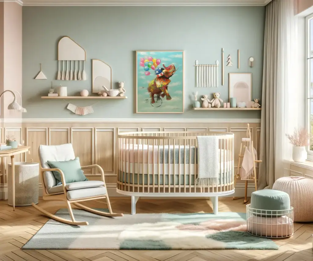 A chic nursery with a birch cradle and a palette of pastel summer colours.