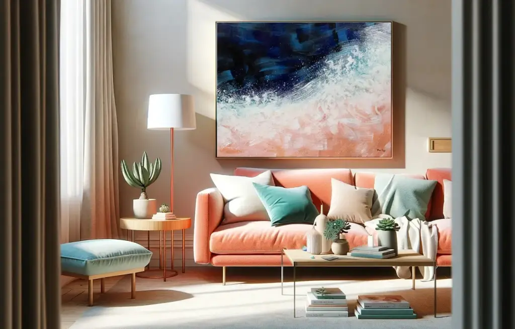A photo-realistic scene of life in a timeless summer colour palette of coral and turquoise tones.