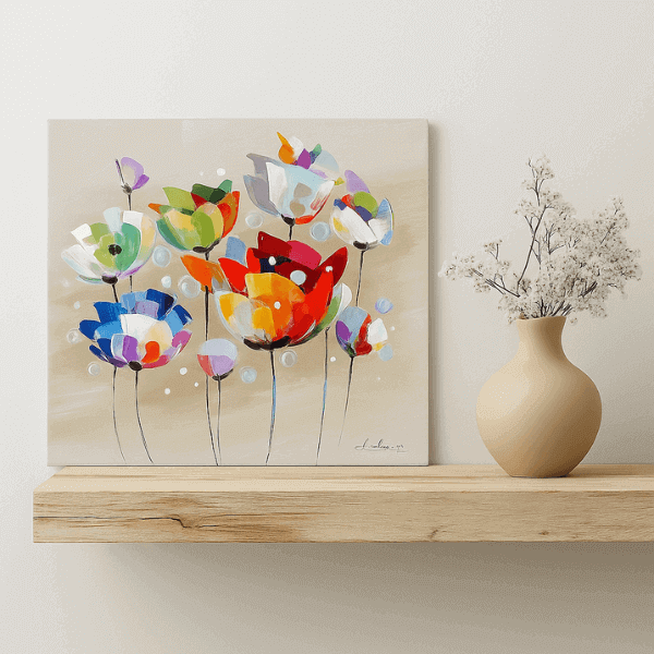 Colorful flower painting with a beige vase on a shelf