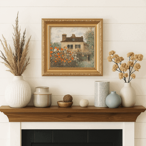 Vintage floral painting with a rustic mantel display
