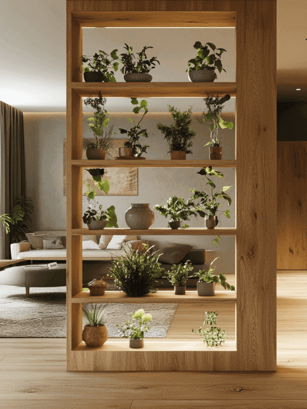 Wooden shelves with plants and biophilic decor
