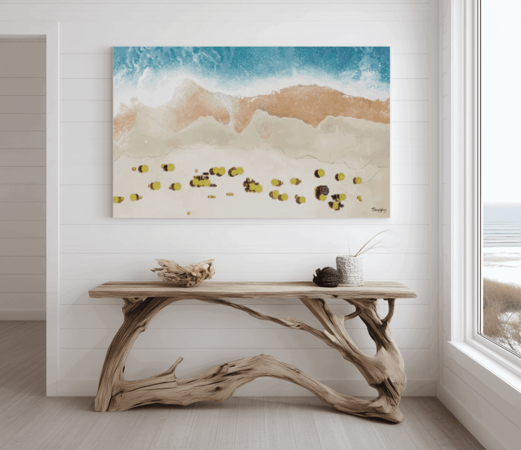 Wooden-table-with-a-seascape-wall-art-painting