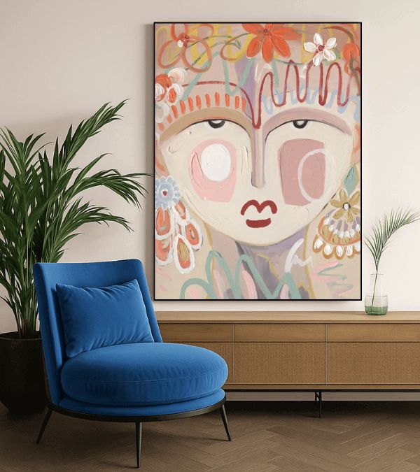 Vibrant Living Room with Blue Chair and Colorful Wall Decor