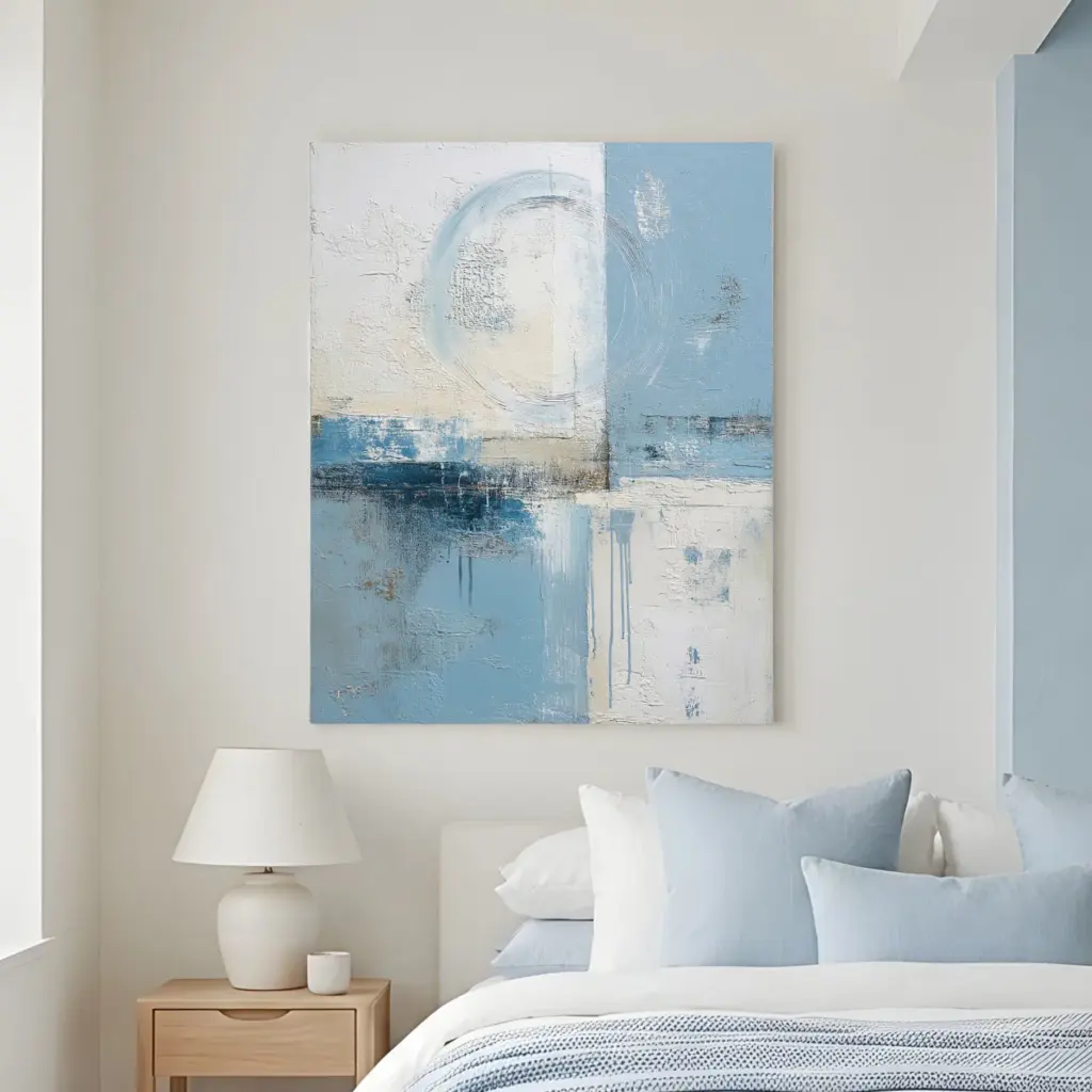 Abstract blue and white artwork above bed – A clean, modern bedroom featuring a white bed and a square abstract painting in soft blues and whites with circular motifs.