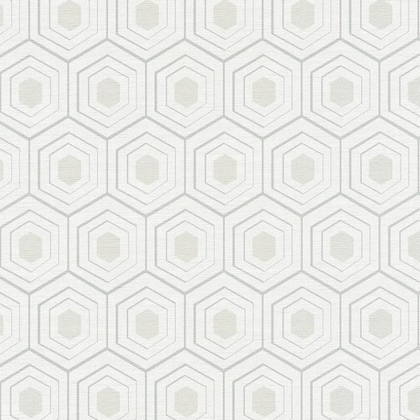 White geometric hexagon patterned wallpaper – A clean, modern wallpaper design featuring repeating hexagon shapes in white and light gray tones.