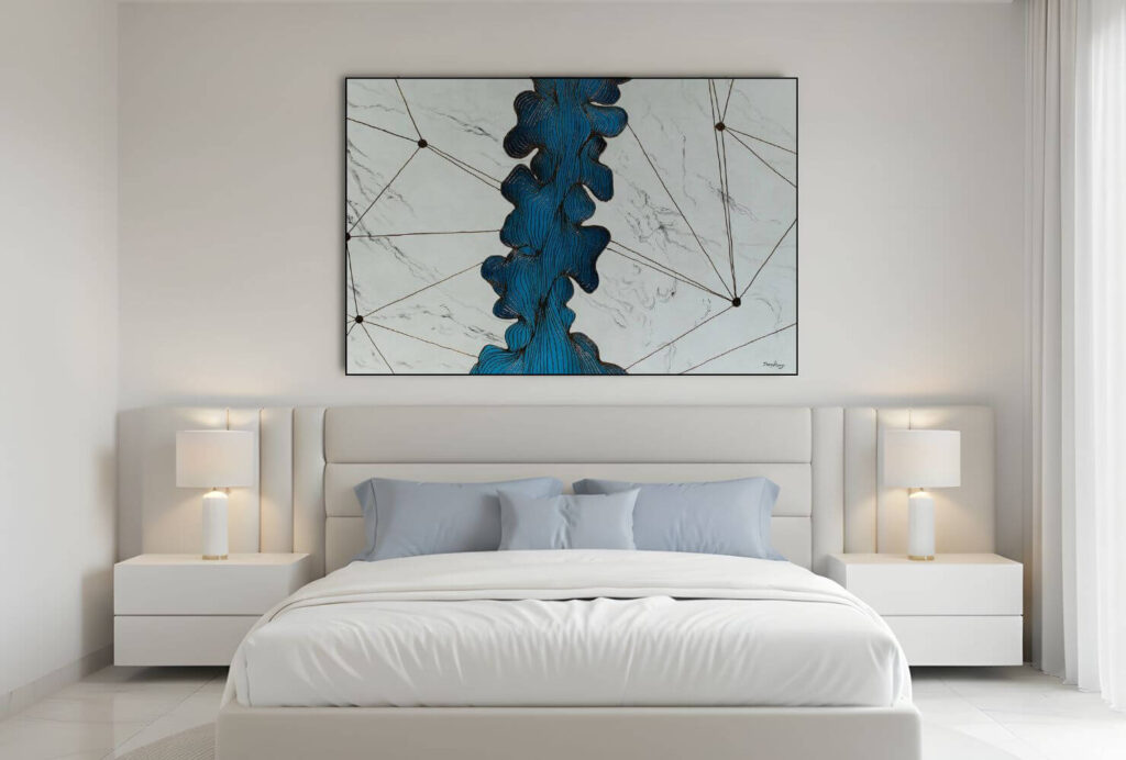 Abstract blue and gray artwork above a bed – A modern bedroom with a large abstract painting featuring deep blue and gray geometric strokes hanging above a white bed with matching nightstands and lamps.