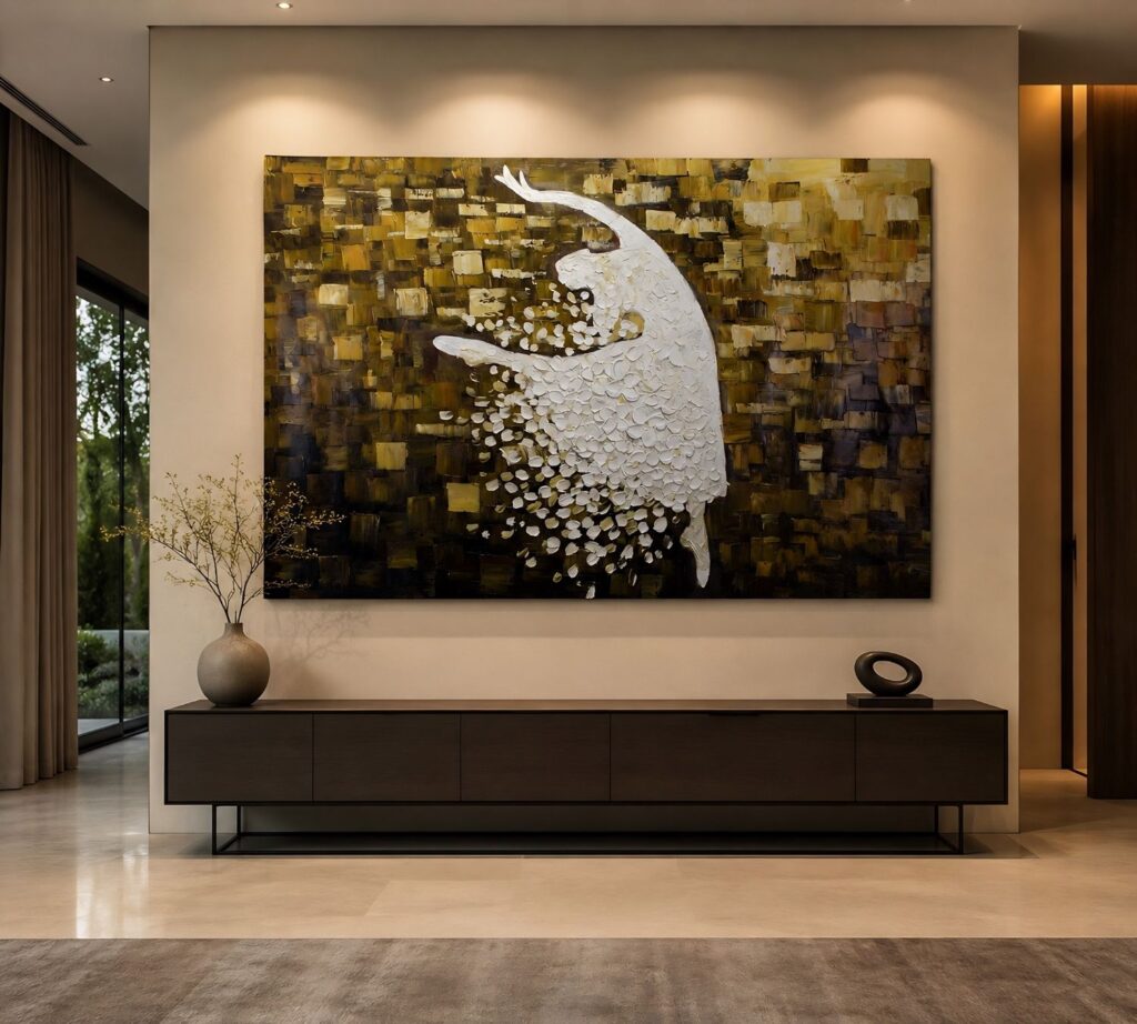 A wide panoramic painting titled "Abstract Ballerina in Gold and White" depicting a textured white dancing figure against a shimmering gold block background.