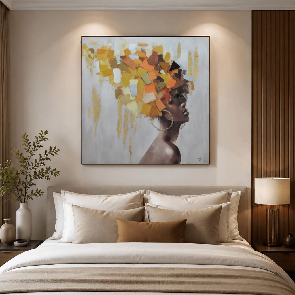 A bedroom interior mockup showcasing a square canvas painting of a woman’s silhouette with a vibrant, colorful abstract hairstyle.
