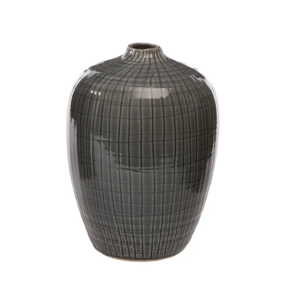 A studio product shot of a dark gray or black ceramic vase with a subtle, textured grid pattern on a clean white background.