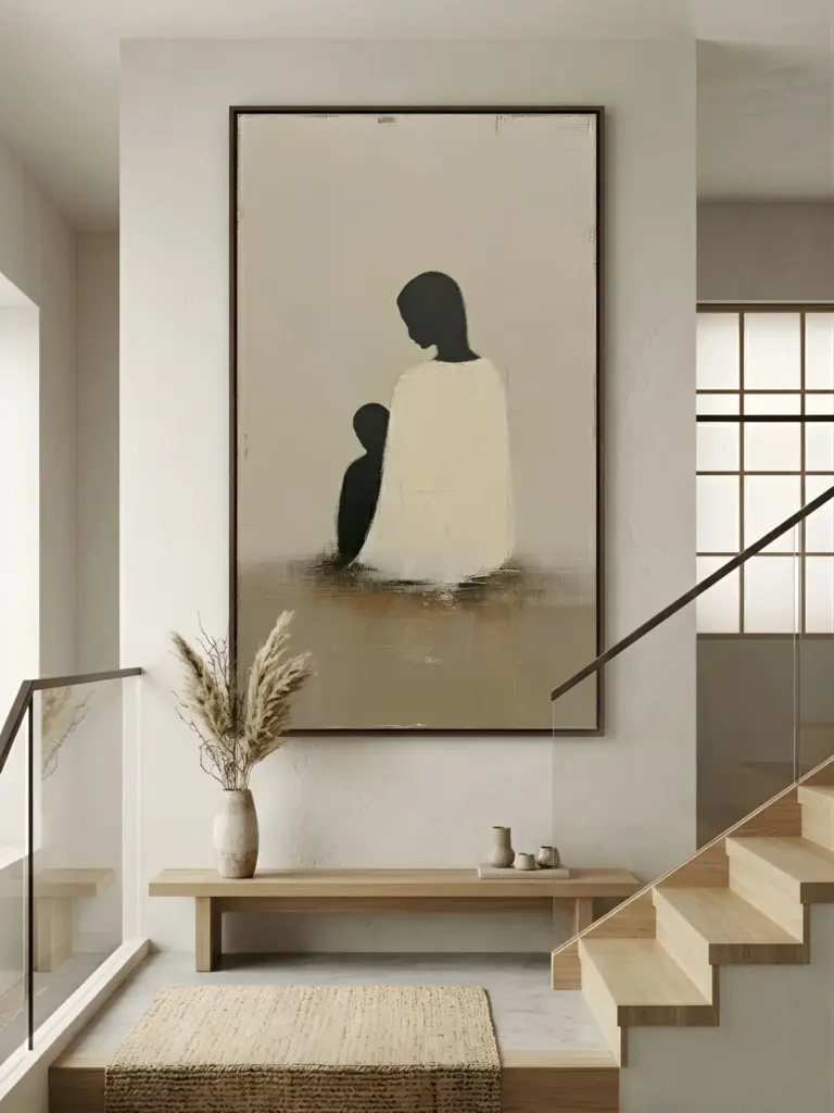 A large vertical canvas art piece displaying a stylized silhouette of a mother holding her child, styled in a warm, neutral interior.