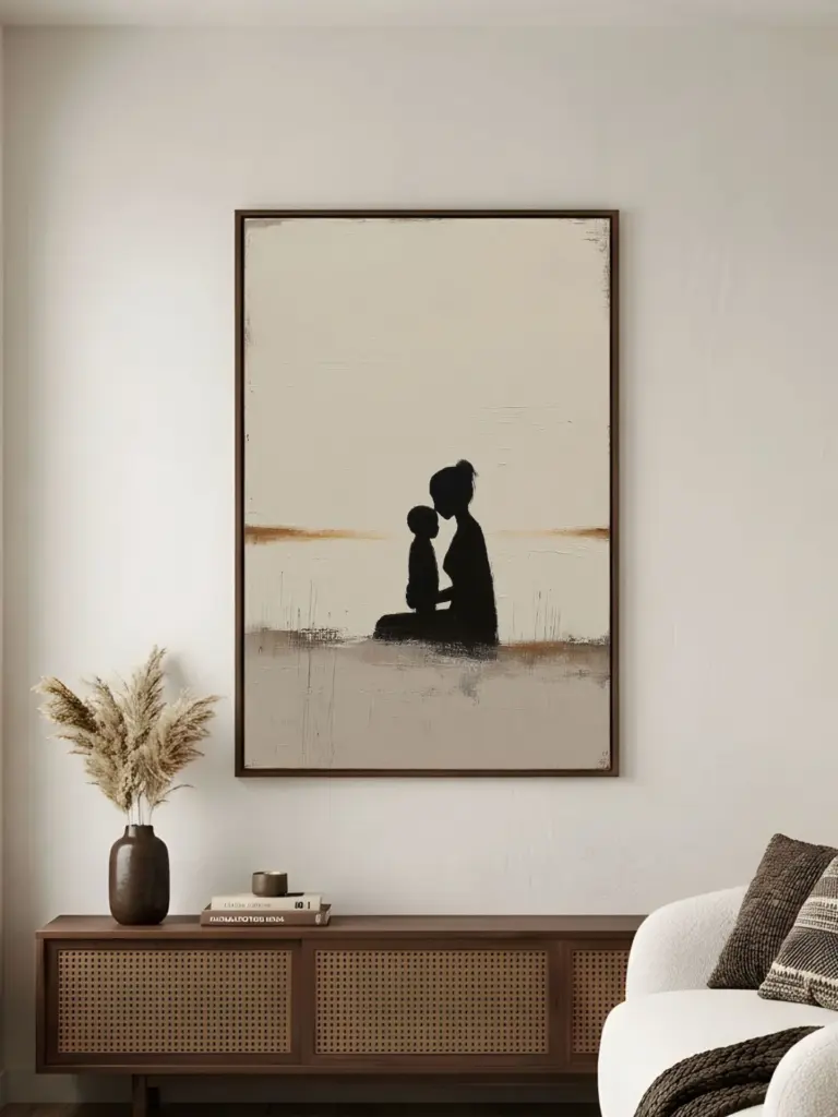 A framed vertical wall art piece showcasing a minimalist black silhouette of a mother and child hugging against a neutral backdrop.