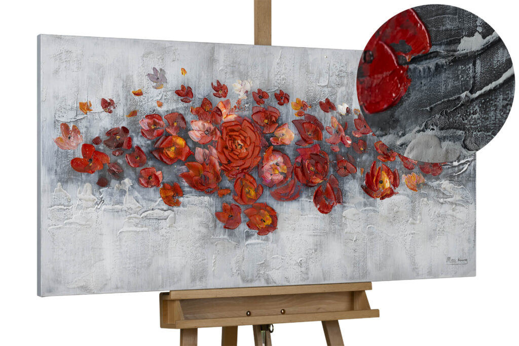 A horizontal physical painting titled "Pearls and Roses" showcasing textured red and orange flowers against a textured gray background.