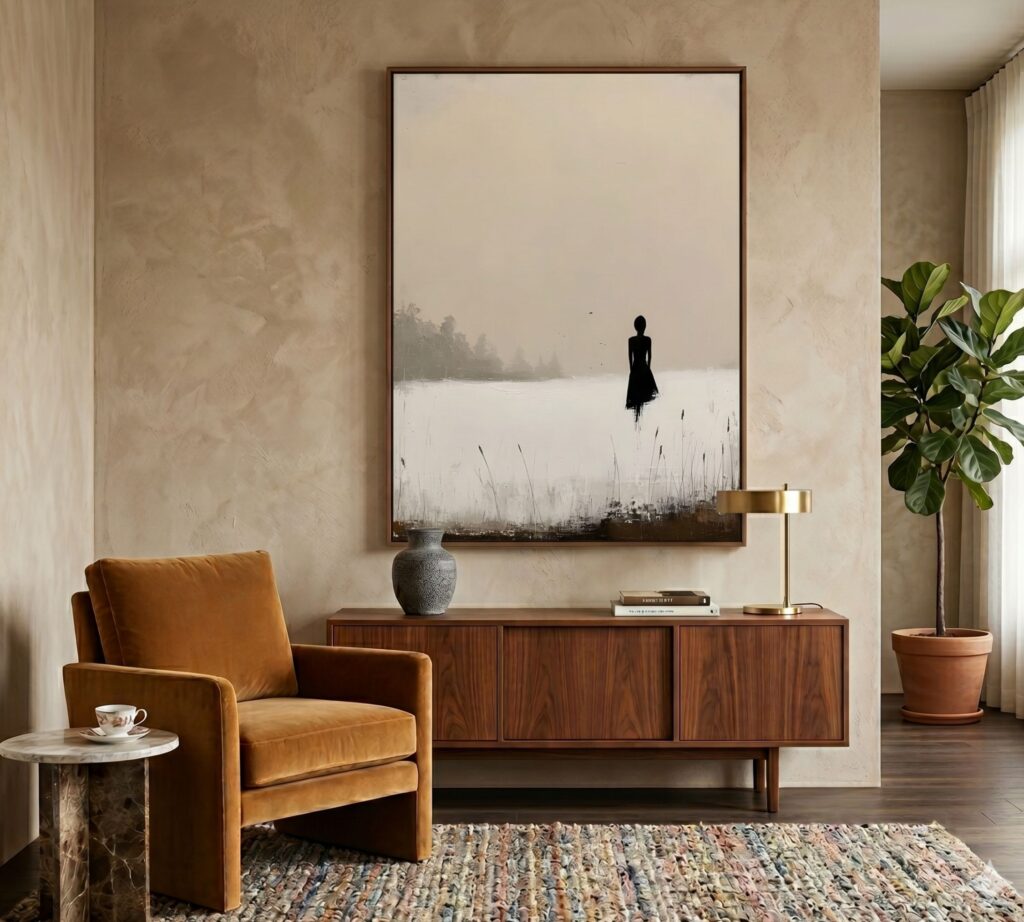 A framed vertical wall art canvas featuring a minimalist silhouette in a cozy, modern living room setting.