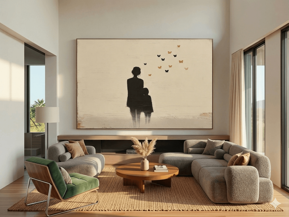An interior design mockup showing a large horizontal painting of a mother and child silhouette as a Mother's Day gift idea.